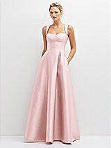 Front View Thumbnail - Ballet Pink Lace-Up Back Bustier Satin Dress with Full Skirt and Pockets