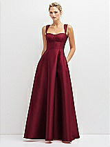 Front View Thumbnail - Burgundy Lace-Up Back Bustier Satin Dress with Full Skirt and Pockets