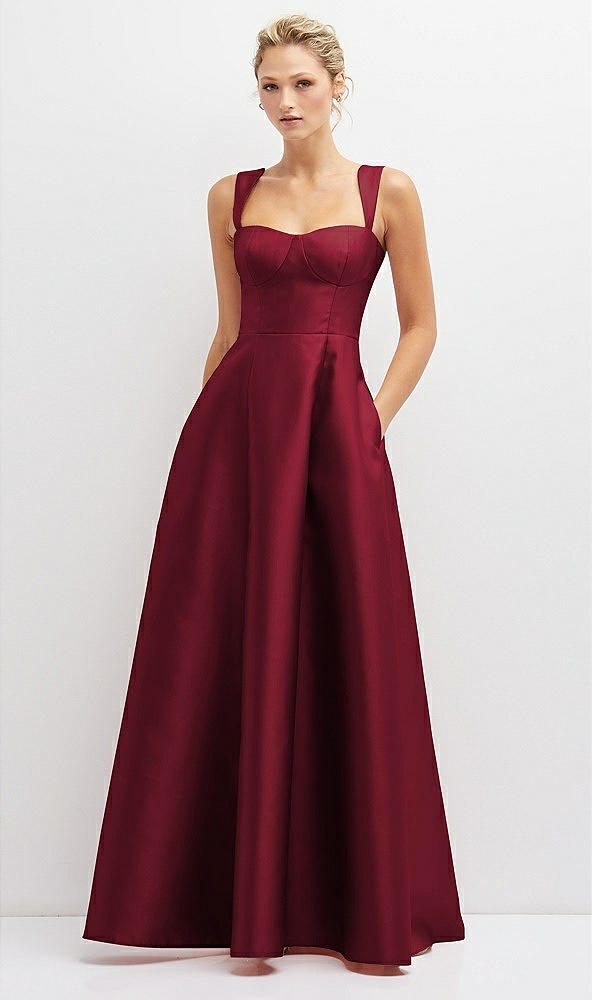 Front View - Burgundy Lace-Up Back Bustier Satin Dress with Full Skirt and Pockets