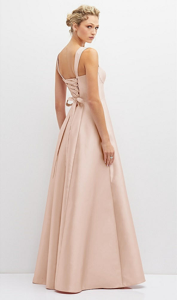 Back View - Cameo Lace-Up Back Bustier Satin Dress with Full Skirt and Pockets