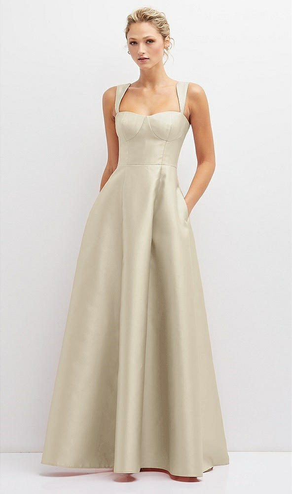 Front View - Champagne Lace-Up Back Bustier Satin Dress with Full Skirt and Pockets