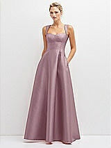 Front View Thumbnail - Dusty Rose Lace-Up Back Bustier Satin Dress with Full Skirt and Pockets