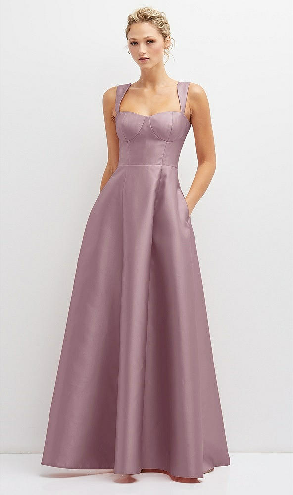 Front View - Dusty Rose Lace-Up Back Bustier Satin Dress with Full Skirt and Pockets