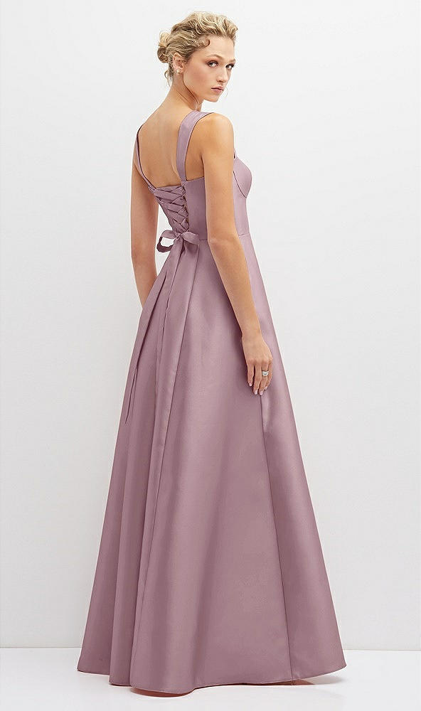Back View - Dusty Rose Lace-Up Back Bustier Satin Dress with Full Skirt and Pockets