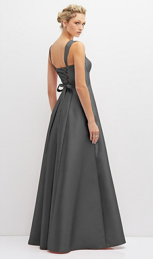 Back View - Gunmetal Lace-Up Back Bustier Satin Dress with Full Skirt and Pockets