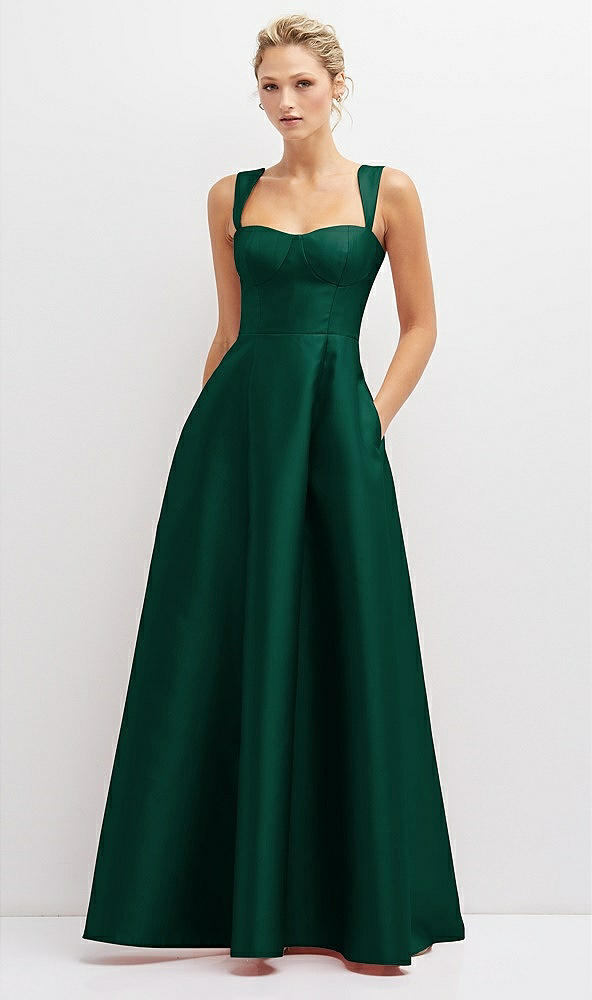 Front View - Hunter Green Lace-Up Back Bustier Satin Dress with Full Skirt and Pockets