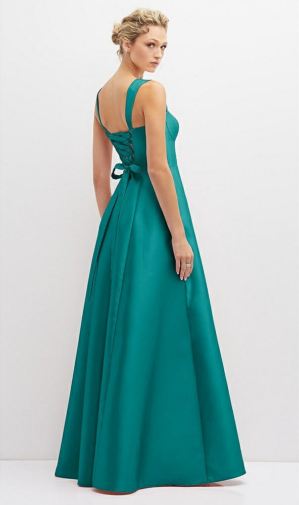 Back View - Jade Lace-Up Back Bustier Satin Dress with Full Skirt and Pockets