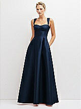 Front View Thumbnail - Midnight Navy Lace-Up Back Bustier Satin Dress with Full Skirt and Pockets