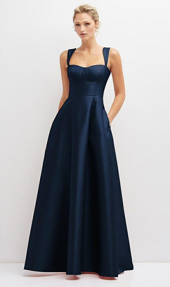 Front View - Midnight Navy Lace-Up Back Bustier Satin Dress with Full Skirt and Pockets