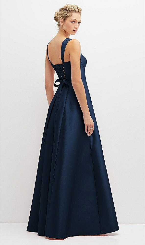 Back View - Midnight Navy Lace-Up Back Bustier Satin Dress with Full Skirt and Pockets