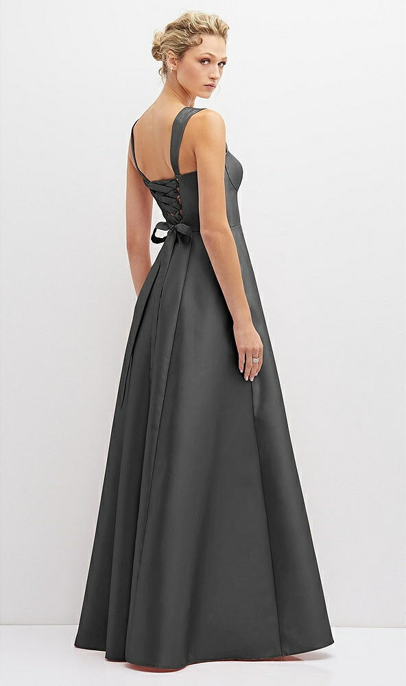 Back View - Pewter Lace-Up Back Bustier Satin Dress with Full Skirt and Pockets