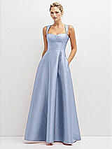 Front View Thumbnail - Sky Blue Lace-Up Back Bustier Satin Dress with Full Skirt and Pockets