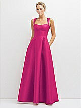 Front View Thumbnail - Think Pink Lace-Up Back Bustier Satin Dress with Full Skirt and Pockets