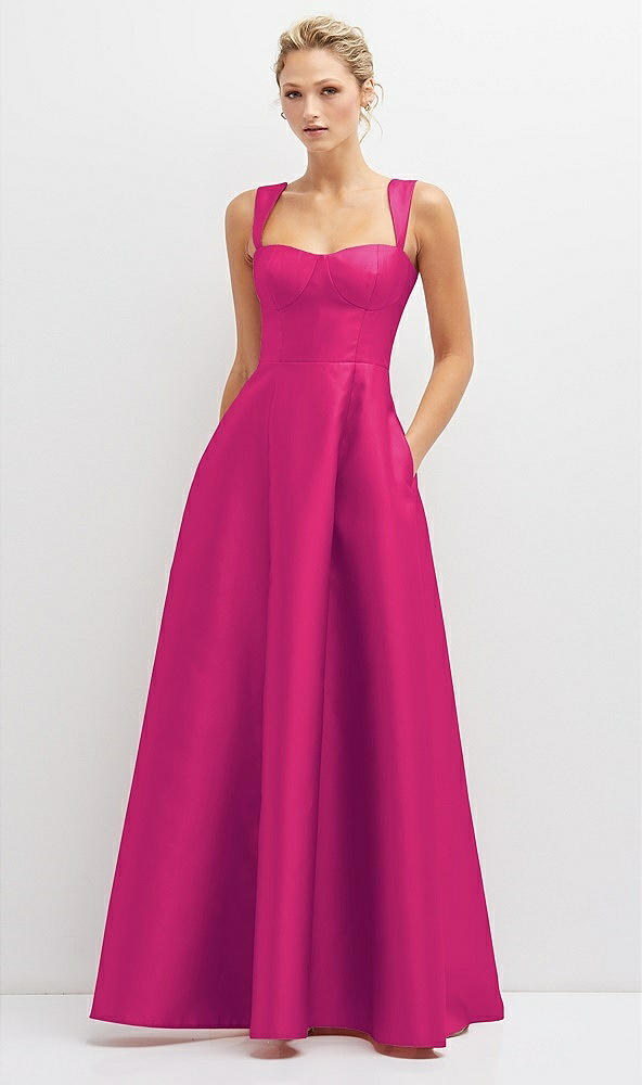 Front View - Think Pink Lace-Up Back Bustier Satin Dress with Full Skirt and Pockets