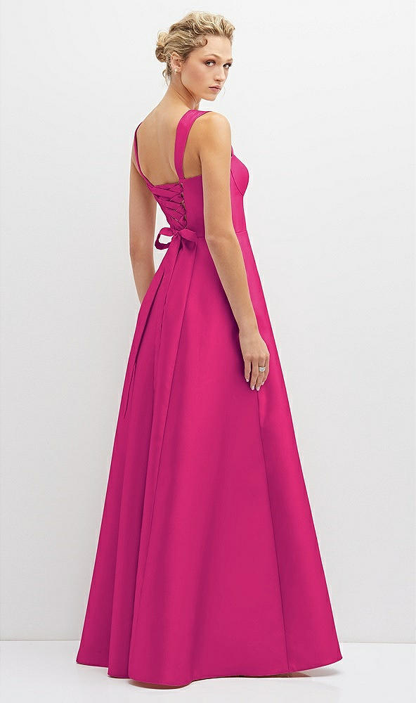 Back View - Think Pink Lace-Up Back Bustier Satin Dress with Full Skirt and Pockets