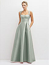 Front View Thumbnail - Willow Green Lace-Up Back Bustier Satin Dress with Full Skirt and Pockets