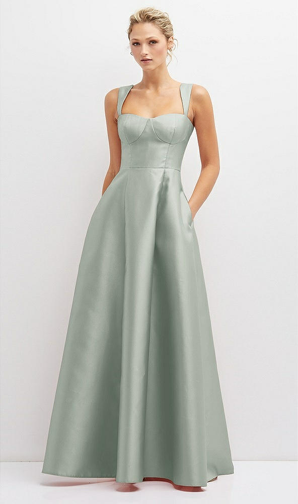 Front View - Willow Green Lace-Up Back Bustier Satin Dress with Full Skirt and Pockets