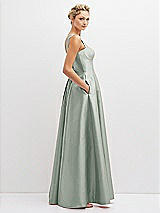 Side View Thumbnail - Willow Green Lace-Up Back Bustier Satin Dress with Full Skirt and Pockets
