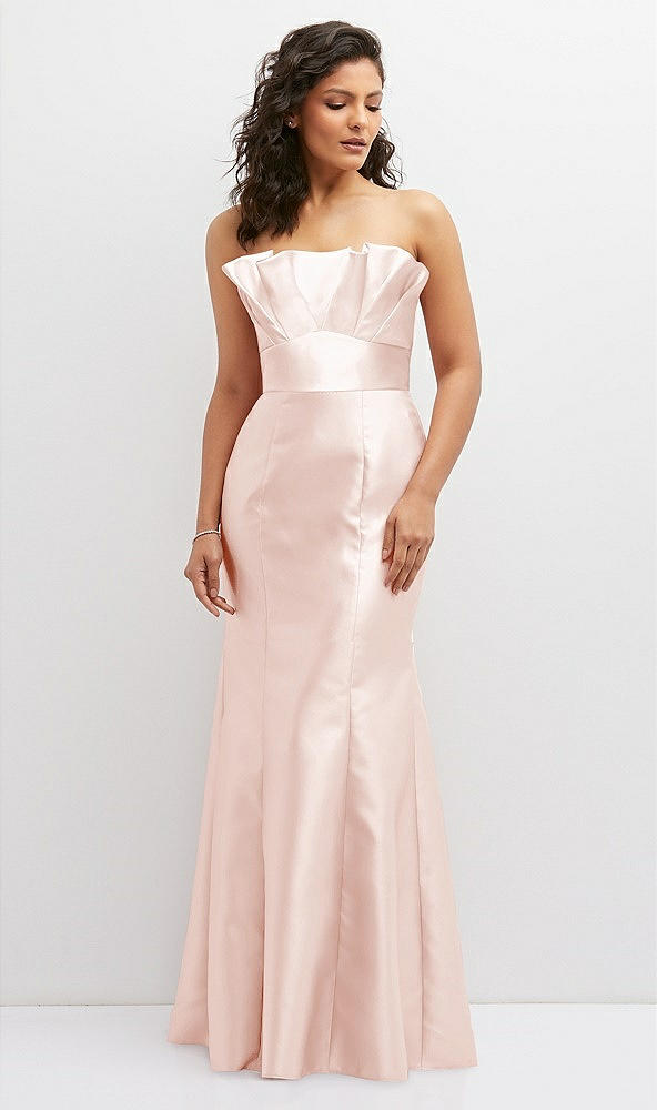 Front View - Blush Strapless Satin Fit and Flare Dress with Crumb-Catcher Bodice