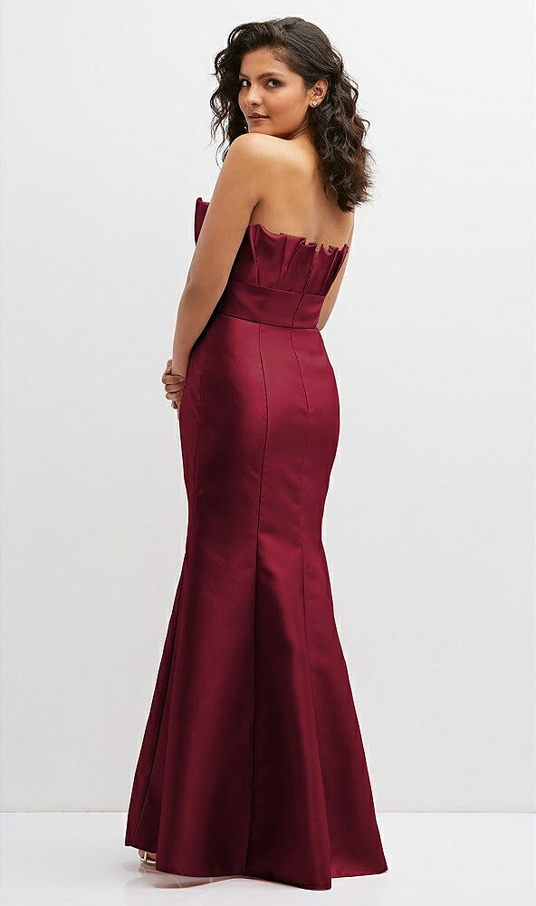 Back View - Burgundy Strapless Satin Fit and Flare Dress with Crumb-Catcher Bodice