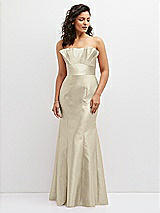 Front View Thumbnail - Champagne Strapless Satin Fit and Flare Dress with Crumb-Catcher Bodice
