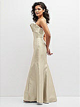 Side View Thumbnail - Champagne Strapless Satin Fit and Flare Dress with Crumb-Catcher Bodice