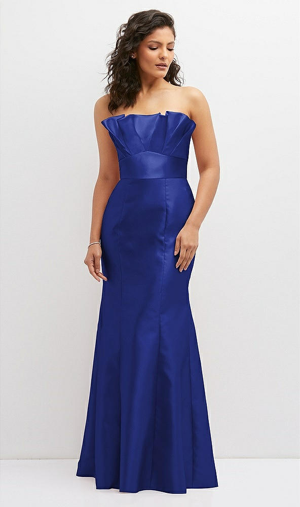 Front View - Cobalt Blue Strapless Satin Fit and Flare Dress with Crumb-Catcher Bodice