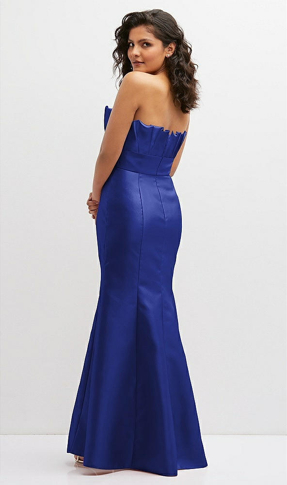 Back View - Cobalt Blue Strapless Satin Fit and Flare Dress with Crumb-Catcher Bodice