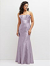 Front View Thumbnail - Lilac Haze Strapless Satin Fit and Flare Dress with Crumb-Catcher Bodice