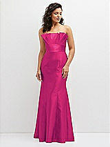 Front View Thumbnail - Think Pink Strapless Satin Fit and Flare Dress with Crumb-Catcher Bodice
