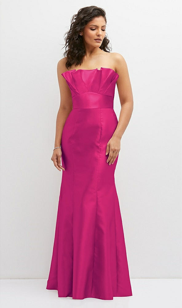 Front View - Think Pink Strapless Satin Fit and Flare Dress with Crumb-Catcher Bodice
