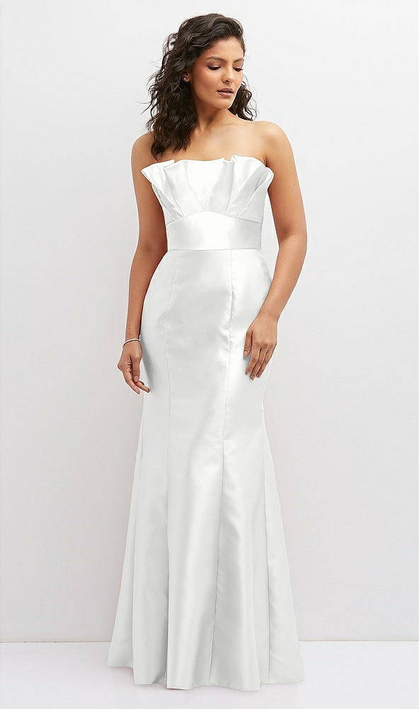 Front View - White Strapless Satin Fit and Flare Dress with Crumb-Catcher Bodice