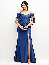 Front View Thumbnail - Classic Blue Off-the-Shoulder Bow Satin Corset Dress with Fit and Flare Skirt
