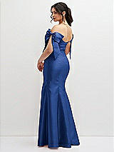 Rear View Thumbnail - Classic Blue Off-the-Shoulder Bow Satin Corset Dress with Fit and Flare Skirt