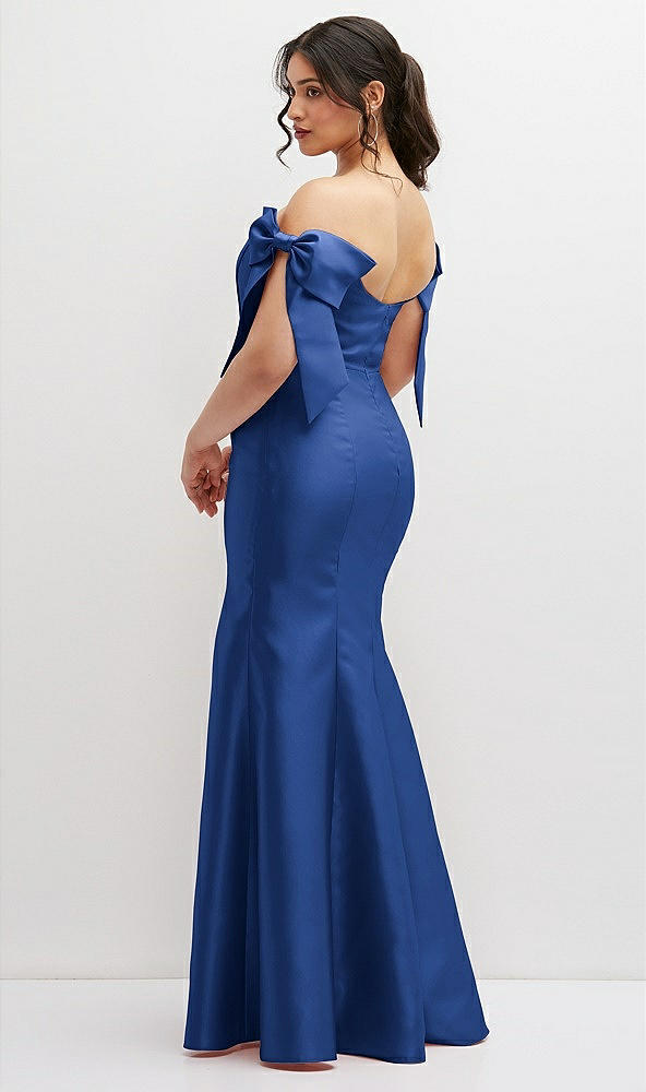 Back View - Classic Blue Off-the-Shoulder Bow Satin Corset Dress with Fit and Flare Skirt