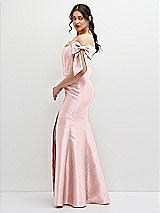 Side View Thumbnail - Ballet Pink Off-the-Shoulder Bow Satin Corset Dress with Fit and Flare Skirt