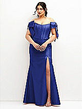 Front View Thumbnail - Cobalt Blue Off-the-Shoulder Bow Satin Corset Dress with Fit and Flare Skirt