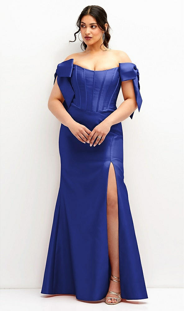 Front View - Cobalt Blue Off-the-Shoulder Bow Satin Corset Dress with Fit and Flare Skirt