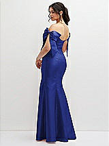 Rear View Thumbnail - Cobalt Blue Off-the-Shoulder Bow Satin Corset Dress with Fit and Flare Skirt
