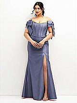 Front View Thumbnail - French Blue Off-the-Shoulder Bow Satin Corset Dress with Fit and Flare Skirt