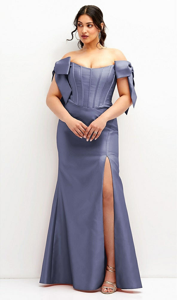 Front View - French Blue Off-the-Shoulder Bow Satin Corset Dress with Fit and Flare Skirt