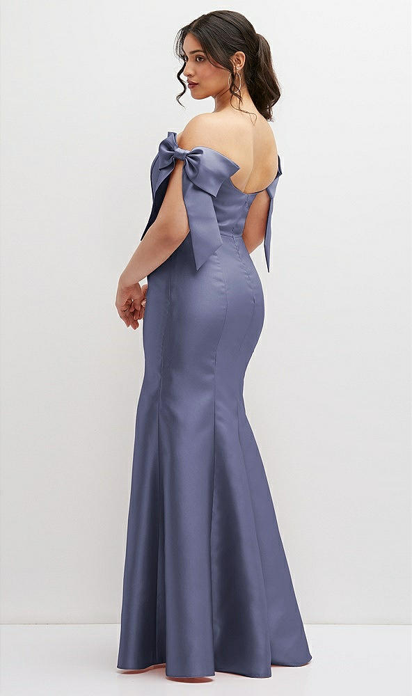 Back View - French Blue Off-the-Shoulder Bow Satin Corset Dress with Fit and Flare Skirt