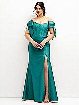Front View Thumbnail - Jade Off-the-Shoulder Bow Satin Corset Dress with Fit and Flare Skirt