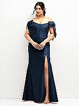 Front View Thumbnail - Midnight Navy Off-the-Shoulder Bow Satin Corset Dress with Fit and Flare Skirt