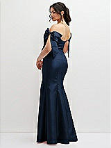 Rear View Thumbnail - Midnight Navy Off-the-Shoulder Bow Satin Corset Dress with Fit and Flare Skirt