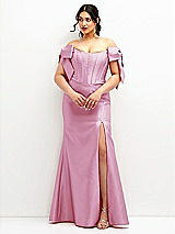 Front View Thumbnail - Powder Pink Off-the-Shoulder Bow Satin Corset Dress with Fit and Flare Skirt