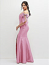 Side View Thumbnail - Powder Pink Off-the-Shoulder Bow Satin Corset Dress with Fit and Flare Skirt