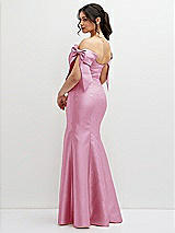 Rear View Thumbnail - Powder Pink Off-the-Shoulder Bow Satin Corset Dress with Fit and Flare Skirt