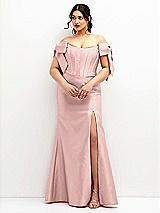 Front View Thumbnail - Rose - PANTONE Rose Quartz Off-the-Shoulder Bow Satin Corset Dress with Fit and Flare Skirt