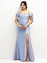 Front View Thumbnail - Sky Blue Off-the-Shoulder Bow Satin Corset Dress with Fit and Flare Skirt